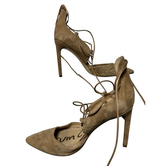 Sam Edelman Tan Suede Lace-Up Heels Size 8 Pointed Toe Stiletto Pumps - Picture 1 of 5